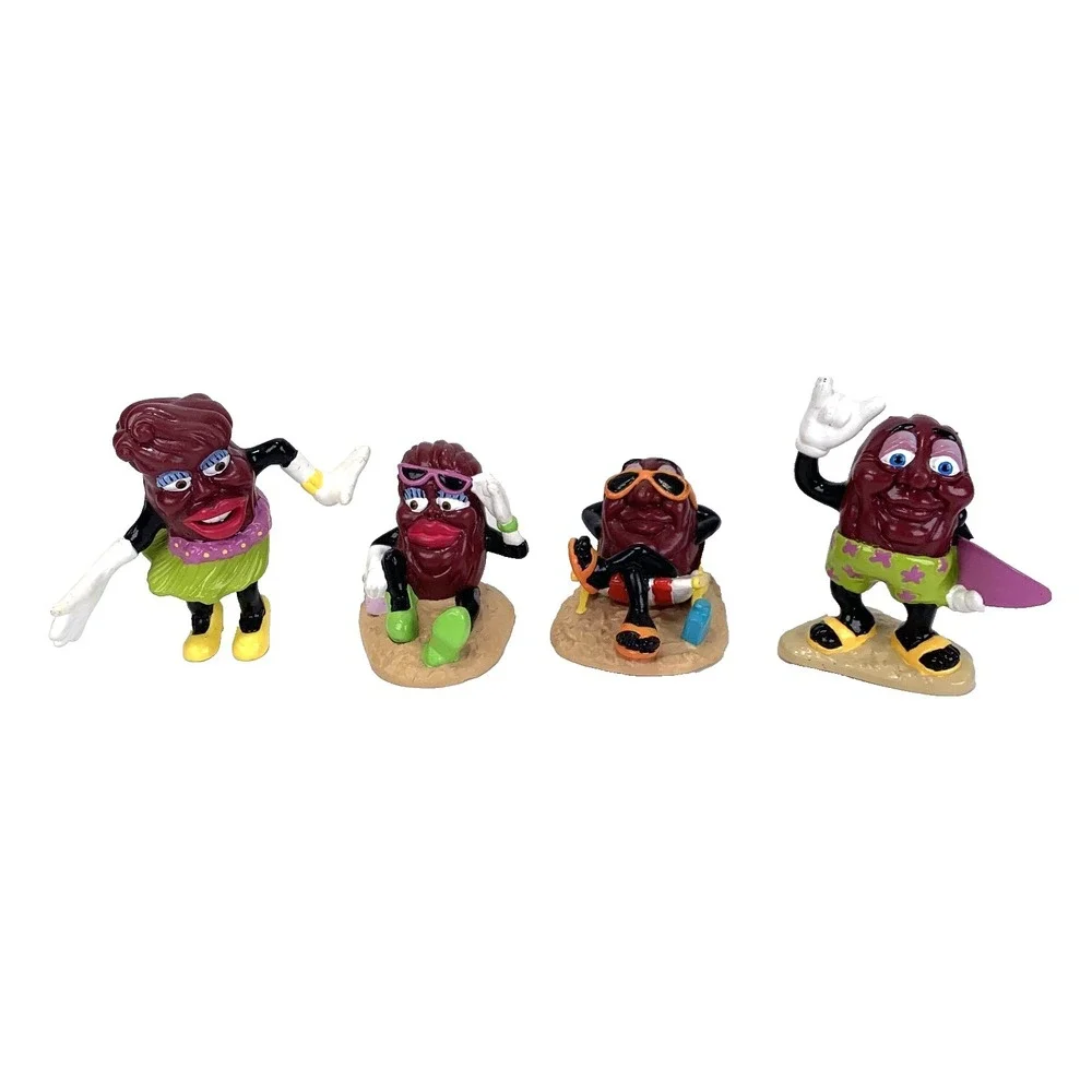 1988‎ California Raisins 4 PVC figures Beach Raisin Set Surfer Hula Girl Vtg